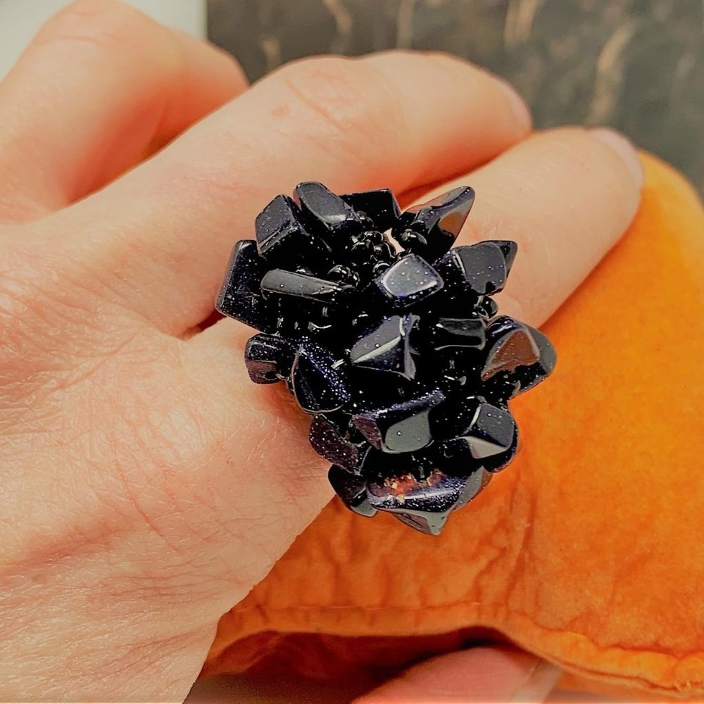 Dark Blue Glitter Stone Cluster Beads/Seed Bead Stretch Boho Statement Ring